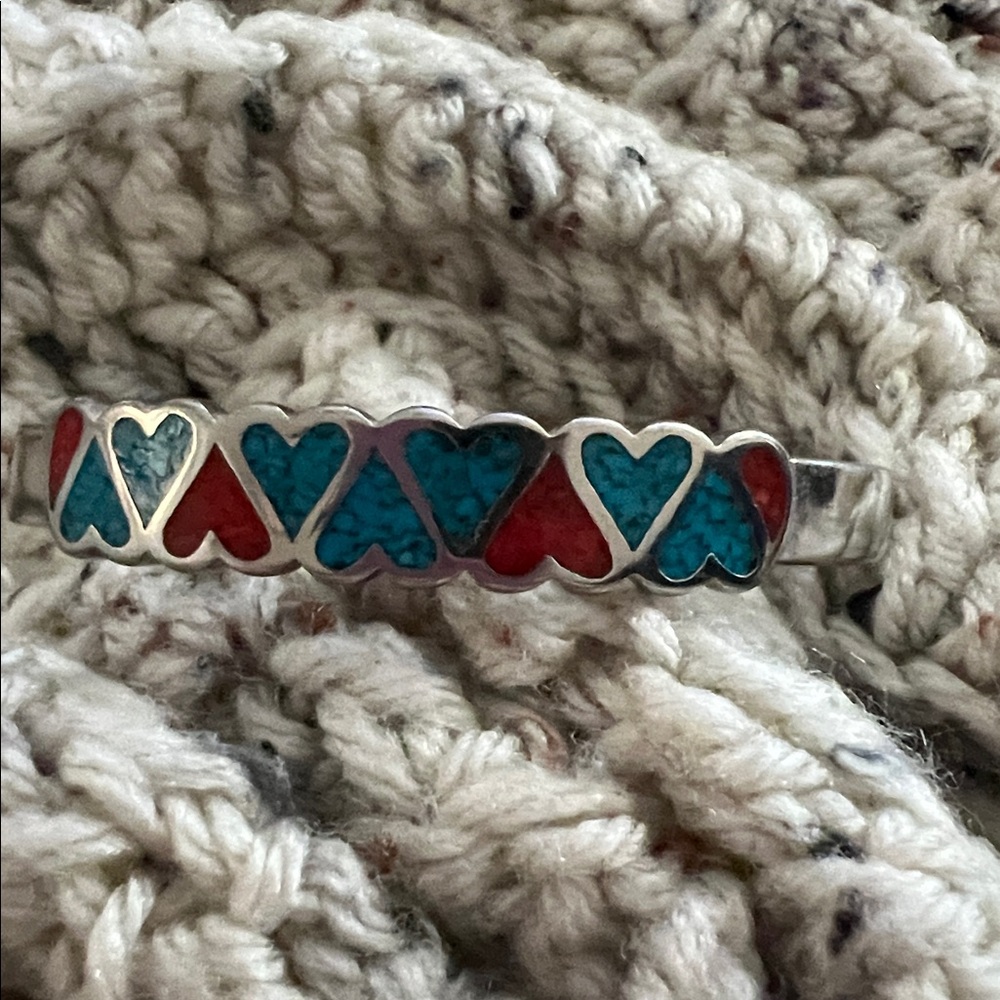 Native American Sterling Silver Zuni Heart Cuff Bracelet with Turquoise - Picture 9 of 9